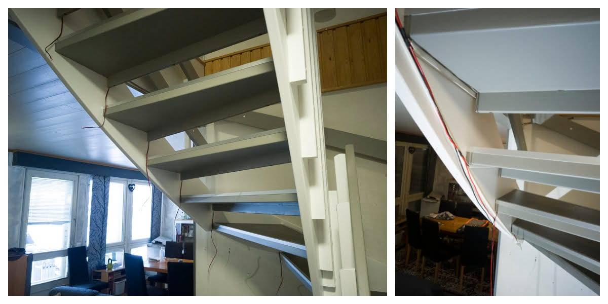 Les câbles sont connectés sous les escaliers et finalement cachés dans une goulotte.