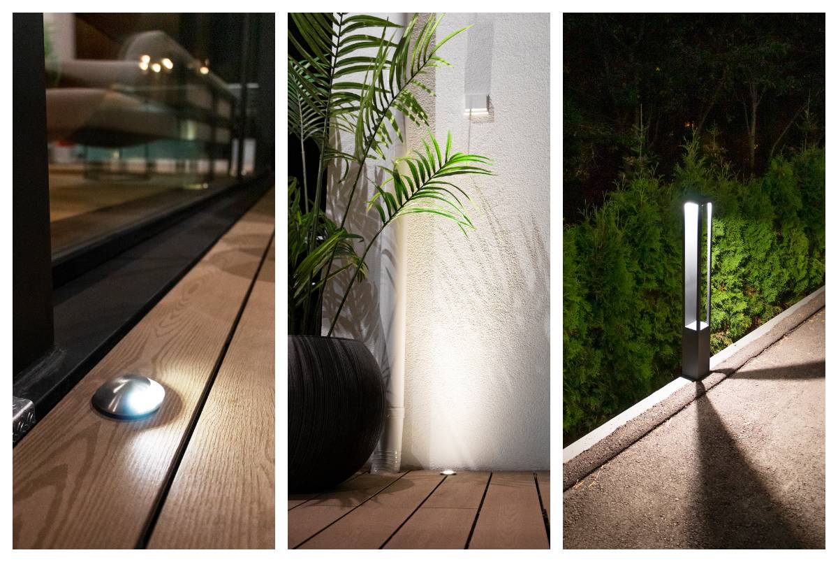 Le bord de la terrasse est éclairé par un projecteur de terrasse encastré. Sur la deuxième photo, le bord de l'allée est éclairé par un luminaire à colonne noire qui fournit de la lumière dans trois directions. 