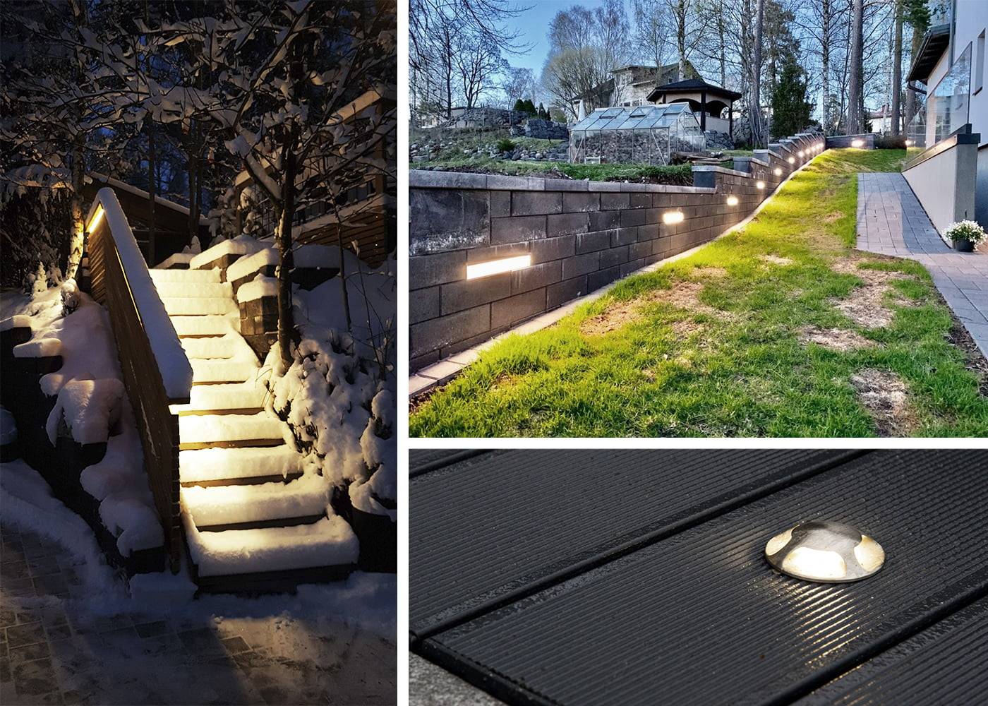 Réglage du gradateur pour faciliter l'éclairage Une image composite de l'éclairage extérieur à LED : des escaliers enneigés, une allée de jardin et un éclairage de terrasse mettent en valeur des solutions d'éclairage efficaces sur le plan énergétique.