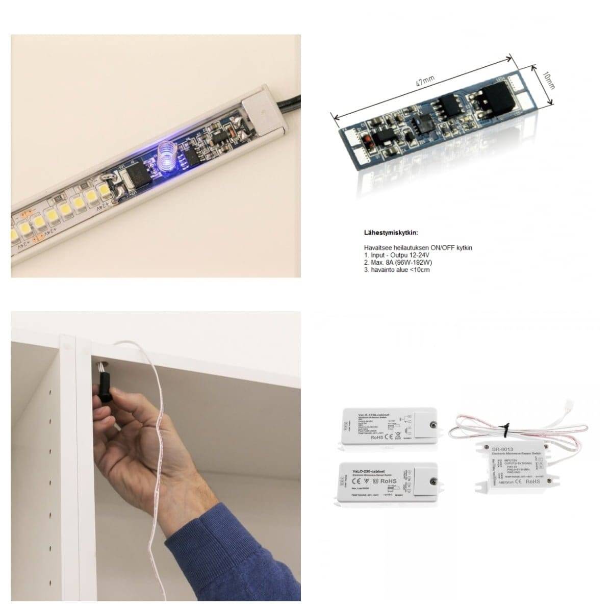 contrôle sans fil D'autres moyens de contrôler la bande de LED comprennent un variateur de lumière, ainsi qu'un œil d'interrupteur d'armoire.