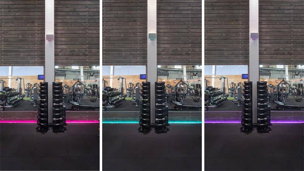Le sol du gymnase OleFit est équipé d'une bande de LED RGB+W.