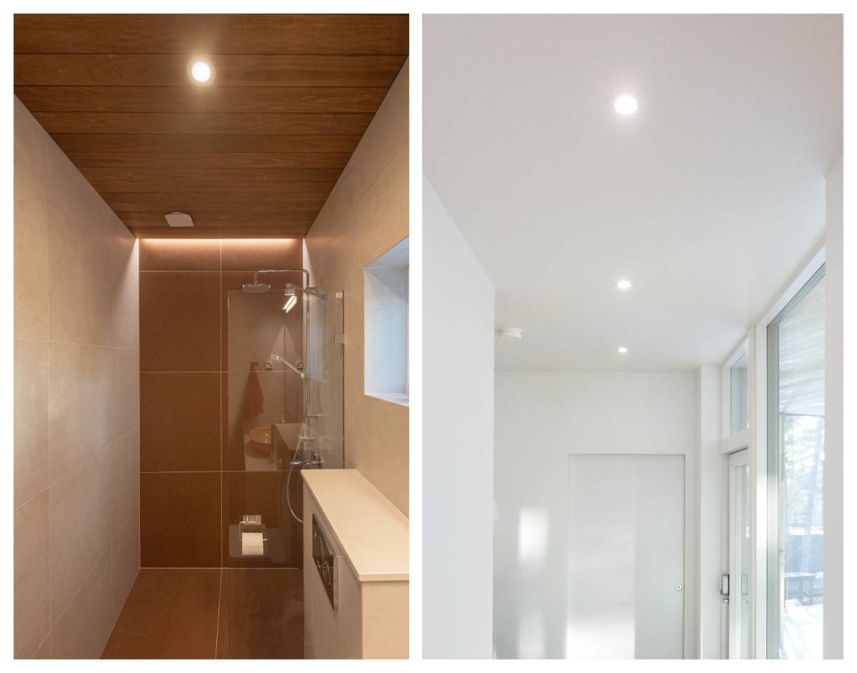 Spots Led dans la salle de bain et le couloir. Les spots sont installés dans l'axe central de l'espace.