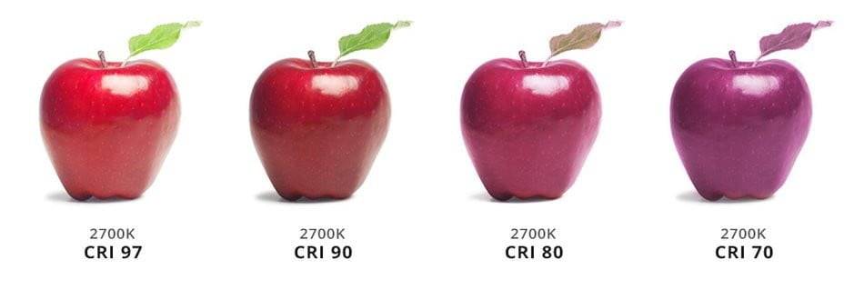Quatre pommes en lumière LED 2700K avec des valeurs CRI de 97, 90, 80 et 70 ; les variations de couleur soulignent la qualité des luminaires LedStore.fi.