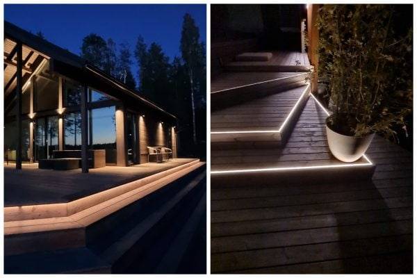 Deux photos. À gauche : un chalet moderne au crépuscule, éclairé par des appliques indirectes. Au premier plan, un escalier dont la lumière provient de la plinthe et éclaire la marche. À gauche : le bord avant des marches, entre les planches, est éclairé par une bande LED qui s'allume vers le haut.   