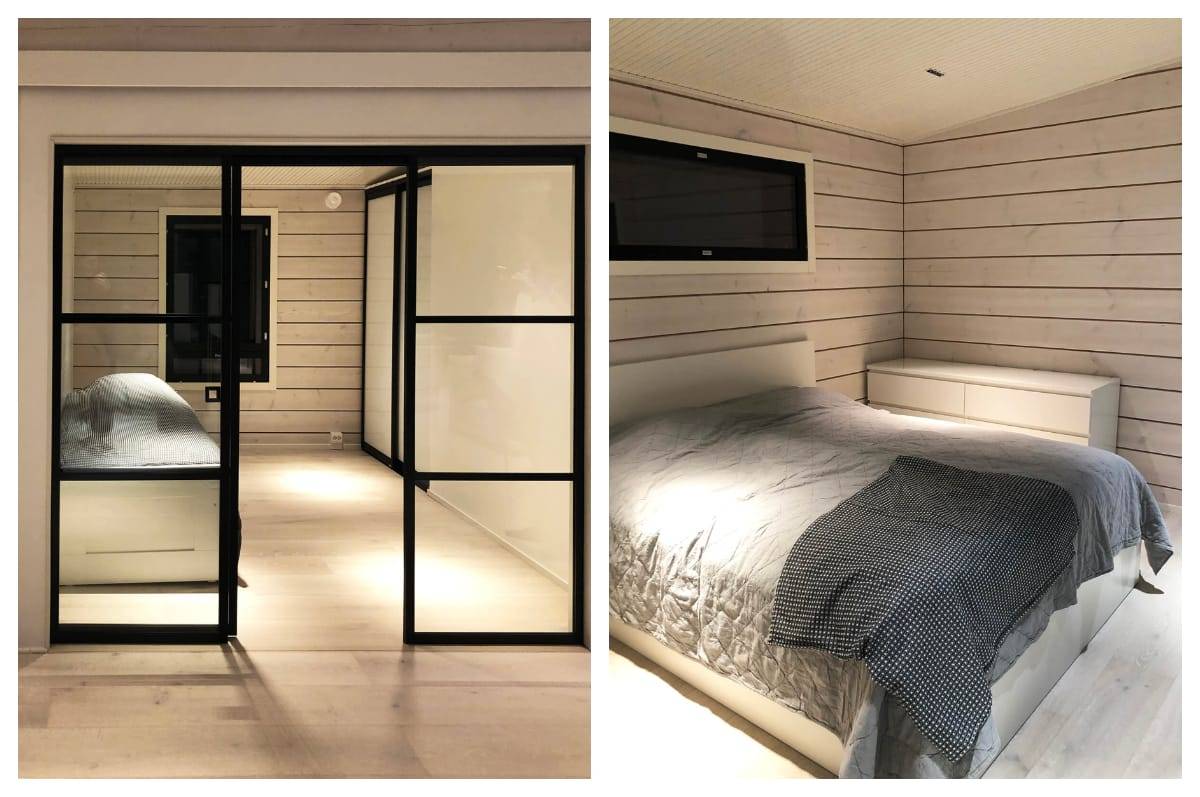 Pour les chambres à coucher, les projecteurs LINJA se sont avérés très utiles, car ils ont permis de créer un éclairage à angle étroit, concentré uniquement sur les bords du lit.
