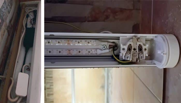 Bande LED montée sur un ancien cadre de tube fluorescent.