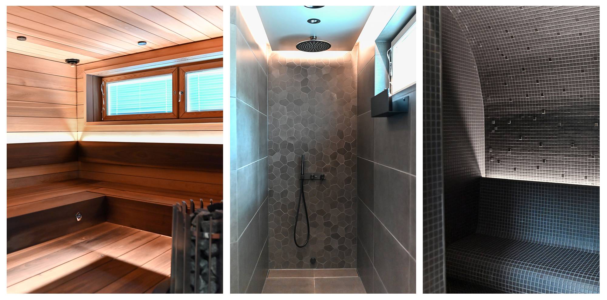 Rénovation complète des salles de douche et de sauna, avec des bandes pour créer une atmosphère particulière. Photos.