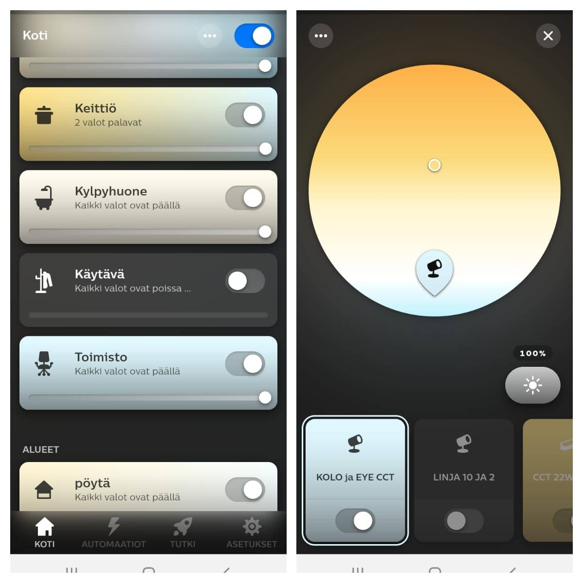 Un exemple de la vue mobile de Philips Hue. À gauche, les différentes pièces de la maison et à droite, le mode de contrôle de l'éclairage de la cuisine. La roue des couleurs permet de régler la température de couleur de la lumière blanche, du blanc chaud au blanc froid, et le bord droit permet de régler la luminosité. Bien entendu, l'automatisation est également possible.
