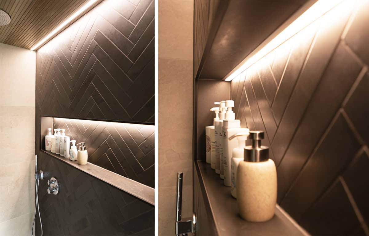 Eclairage de l'étagère à shampoing avec bande LED.