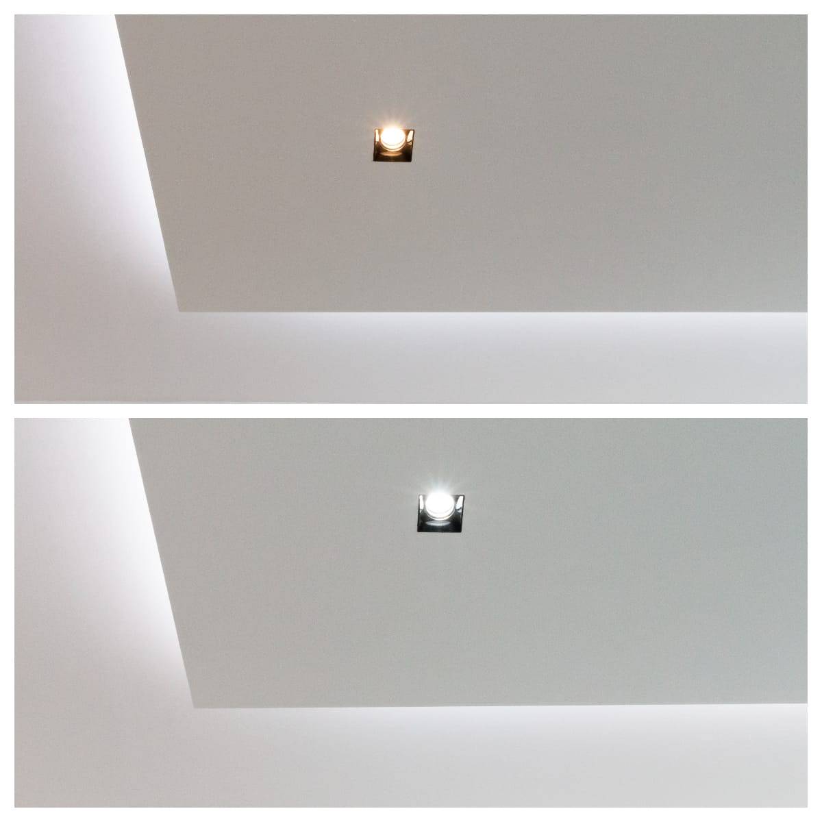Rénovation de l'éclairage du plafond en plâtre, Taches cachées dans le plafond abaissé fini. Ombres lumineuses chaudes en haut et froides en bas.