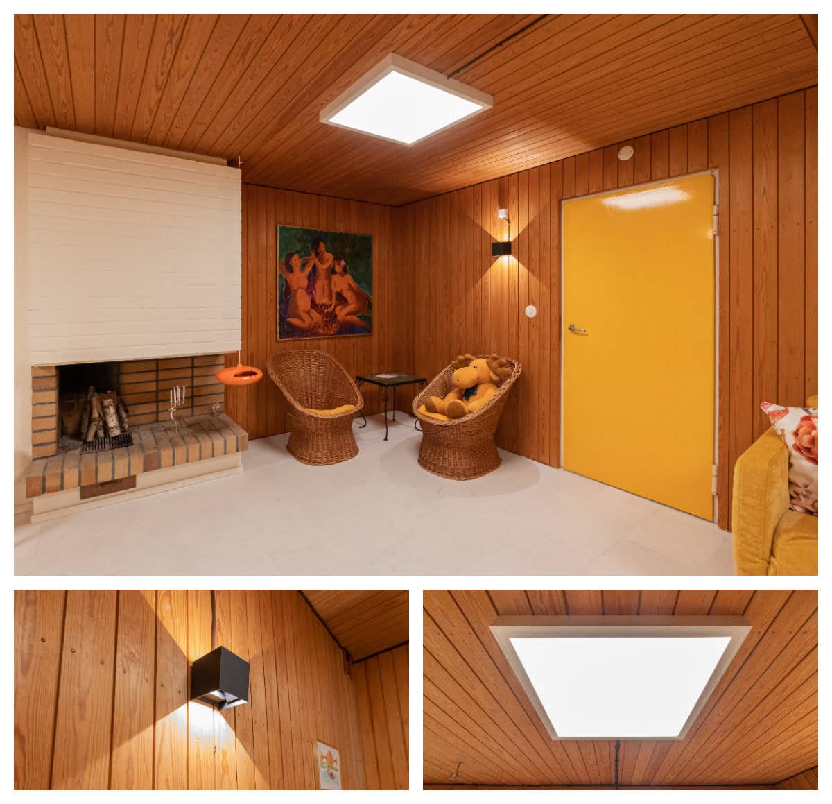 Lampe murale Funk avec panneau noir et led 600 température de couleur réglable. Les deux lampes sont gradables. Après la rénovation, la cheminée est bien éclairée. LedStore.fi