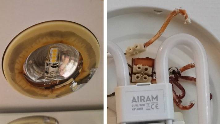 À gauche, un corps de lampe halogène jauni et détérioré, à droite, des pièces en plastique oxydées à l'intérieur de la lampe.