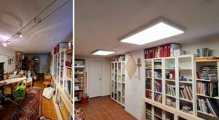 Deux images : à gauche, des spots de plafond sur fil, à droite, deux grands panneaux LED montés au plafond.