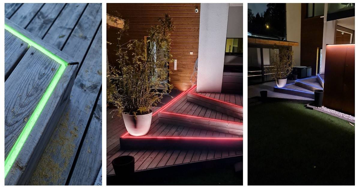 Trois images d'une bande de leds RGB NEON encastrée sur le bord d'un patio.  