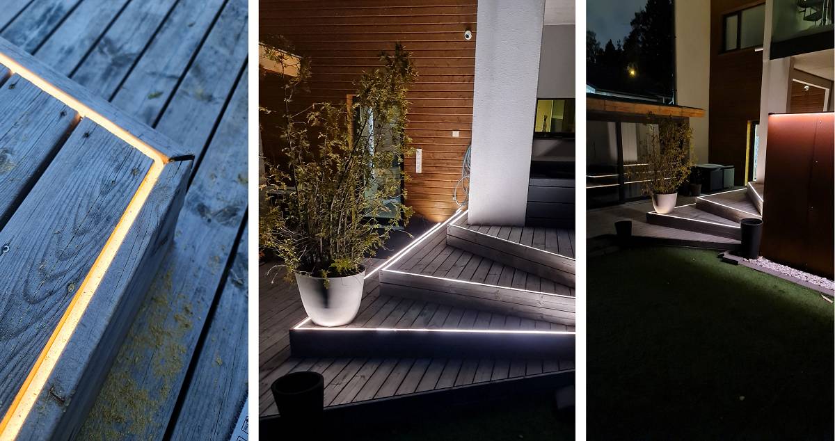 Image en trois parties d'une terrasse moderne la nuit.<br/>Dans la première image : Un éclairage LED doux de LedStore.fi longe les bords de la terrasse en bois.<br/>Dans la deuxième image : Éclairage intégré de l'escalier, entouré de plantes.<br/>Dans la troisième image : Vue d'ensemble de la terrasse éclairée, mettant en valeur l'architecture moderne.