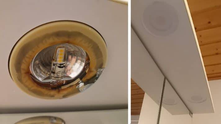 À gauche : un corps de luminaire G4 usé et ancien. A droite : deux luminaires LUMO led encastrés. 