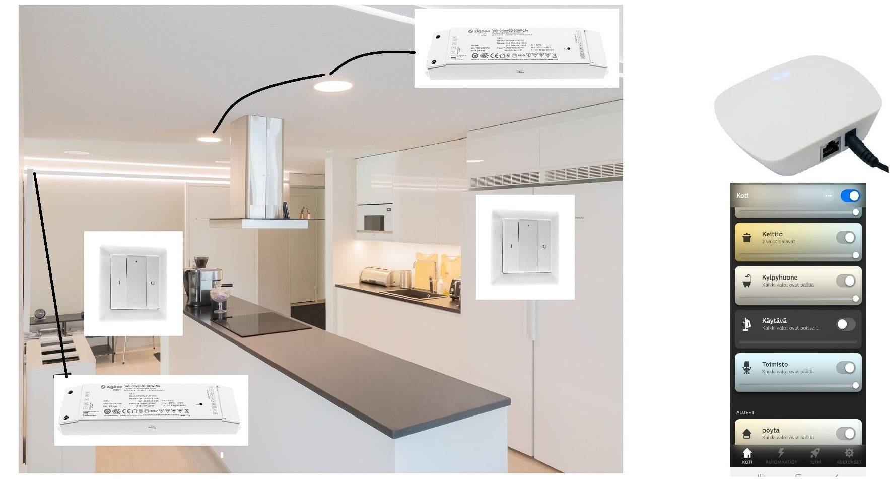 Contrôle de l'éclairage Zigbee partie 5 - comment s'appairer Une cuisine moderne avec un îlot, des commandes d'éclairage LED de pointe et une interface de maison intelligente connectée, illustrée à droite. Une variété d'appareils et d'interrupteurs intelligents sont mis en évidence, montrant leur intégration avec les commandes de l'application mobile. Chez LedStore.fi, vous trouverez tous les composants nécessaires à cette solution d'éclairage moderne.